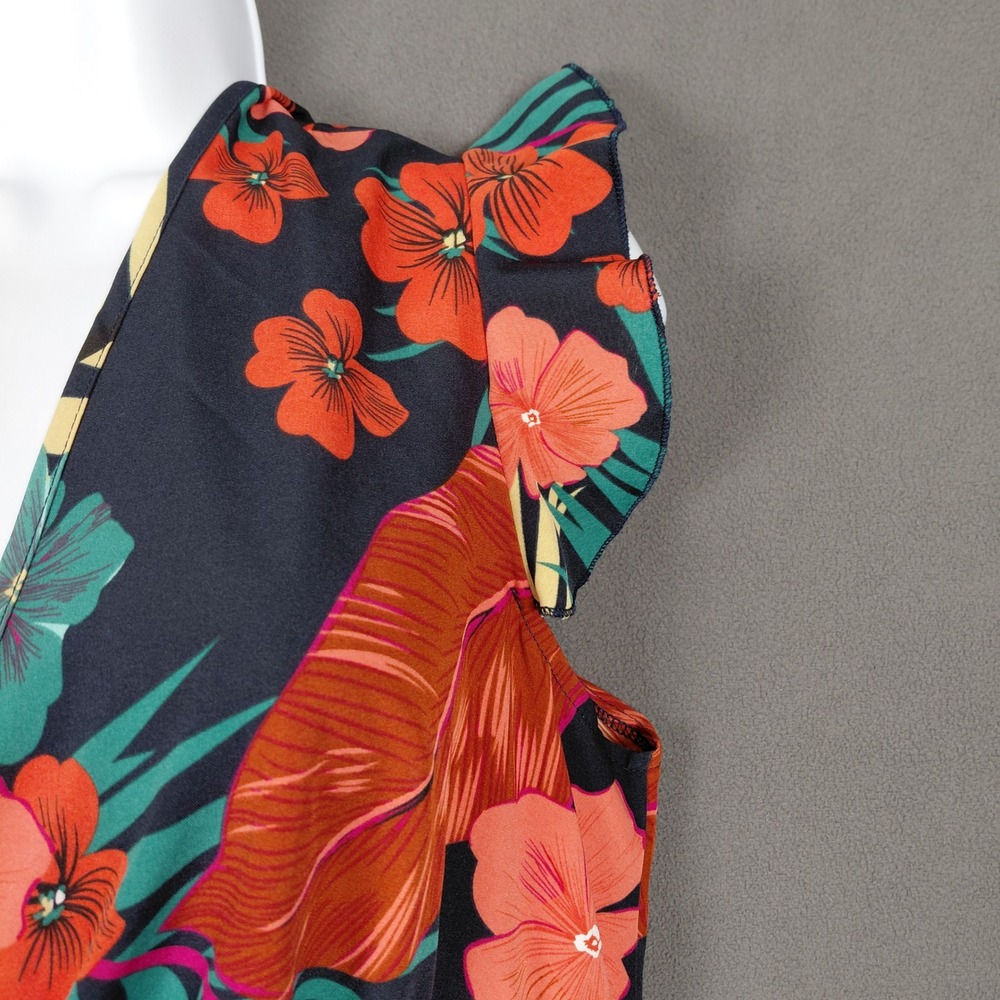 Tropical Floral V-Neck Ruffle Mini Dress Flutter Sleeve Tie Back High Waist ?Lg? - Picture 4 of 14
